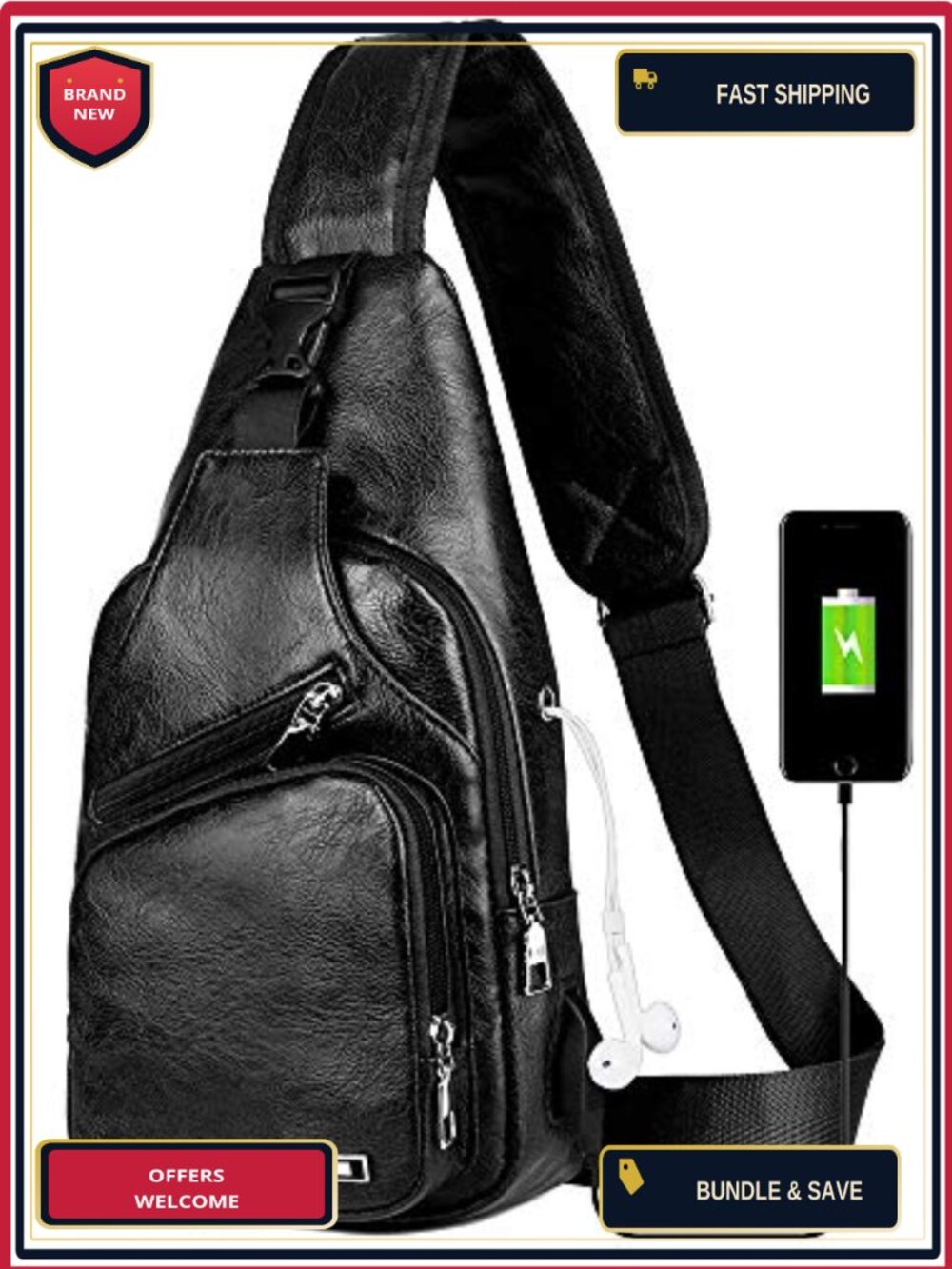 PU Leather Sling Bag Crossbody Chest Backpack USB Charging Port Men